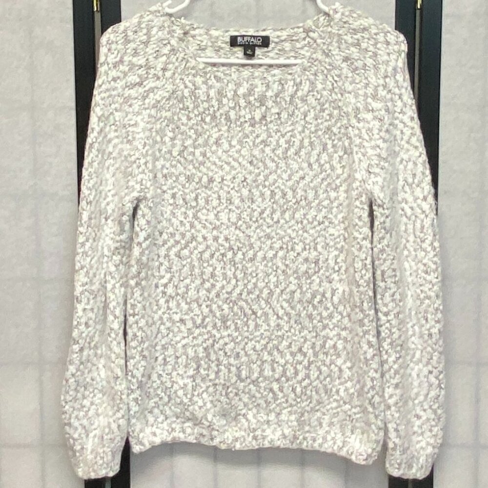Buffalo David Bitton Eyelash Knit Sweater M Marled Grey White Chunky Long Sleeve